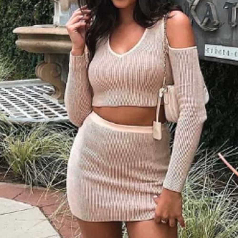 Pretty Little Thing Oatmeal Ribbed Long Sleeve Skirt Set XS